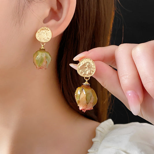 Women's Retro Handmade Real Flower Eternal Bud Sier Pin Fashionable Elegant Rings