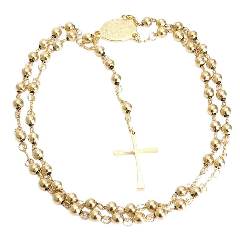 Women's & Men's Gold-plated Round Cross Portrait Stainless Steel Trendy Rosary Necklaces