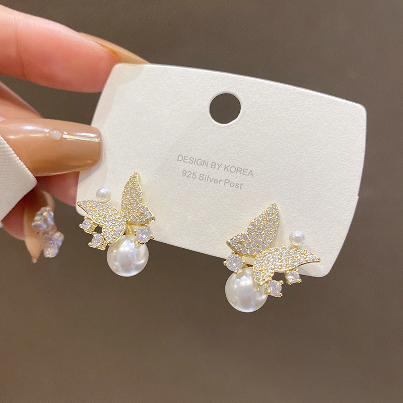Women's Pearl Diamond Butterfly Trendy Stylish Simple Stud Earrings