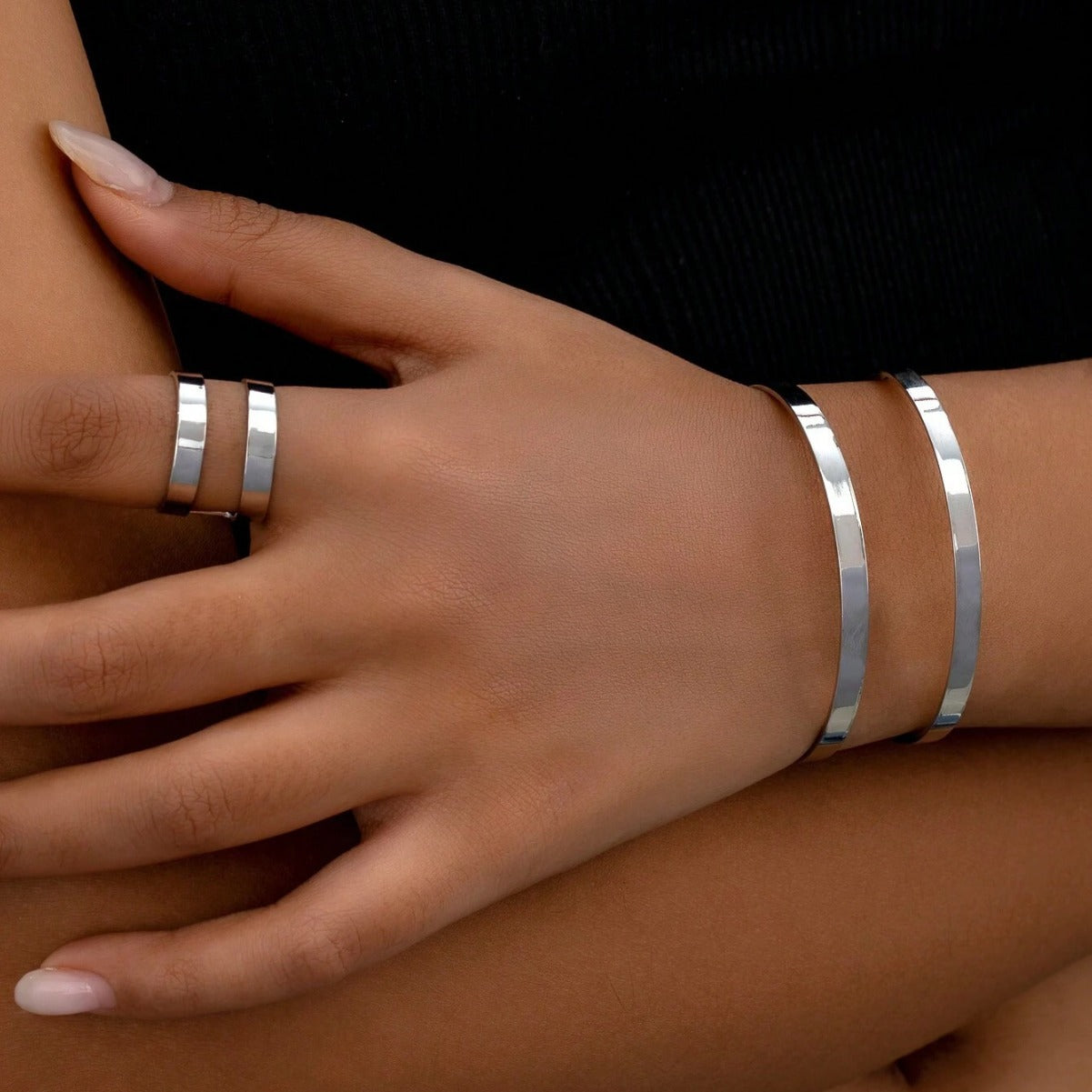 Simple Gold Double Layer Glossy Bangle Sier Open Rings