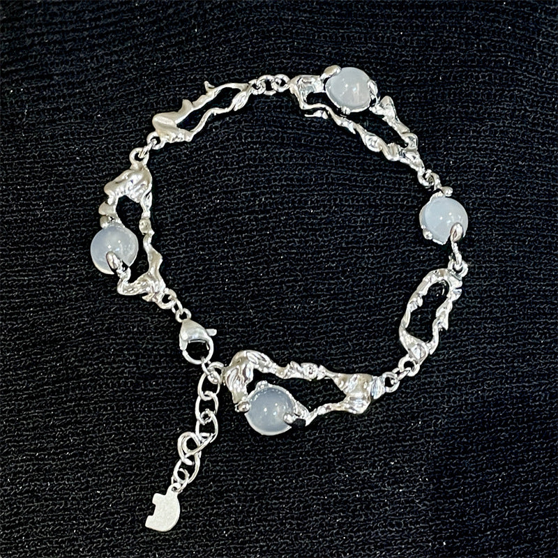 Titanium Steel Moonstone Design White Agate Inlaid Beaded Bracelets