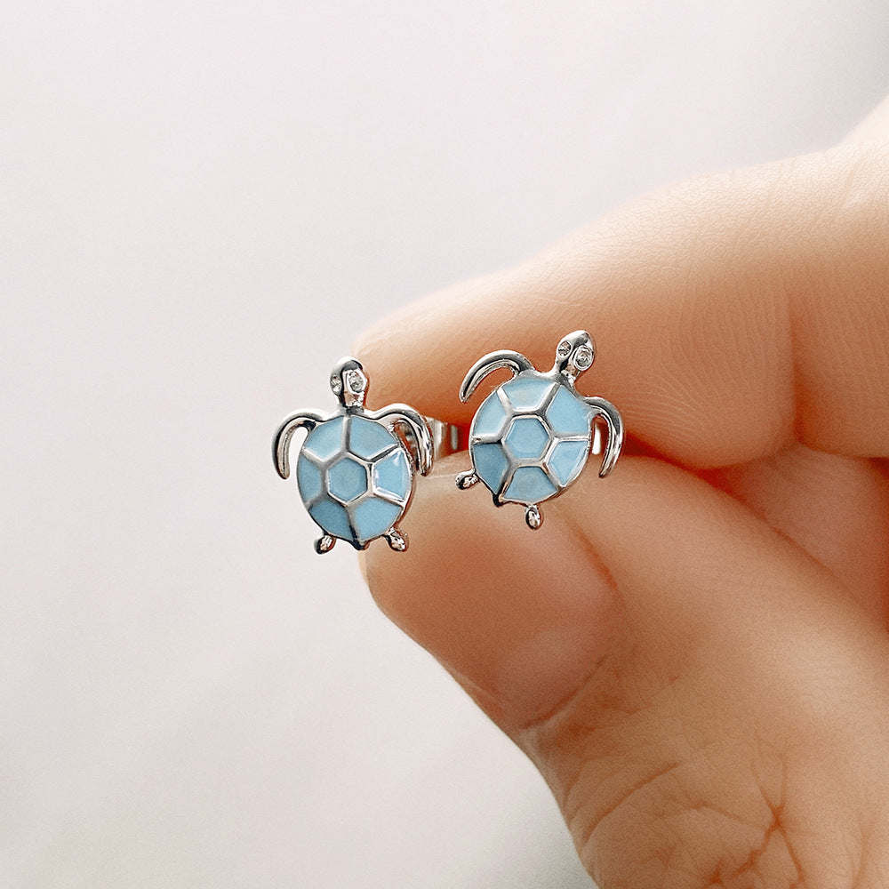 Sier Shi Cute Blue Turtle Ear Dripping Oil Earrings