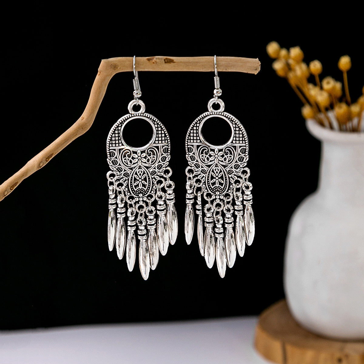 Sier Minority Ethnic Style Personalized Bohemian Flower Earrings