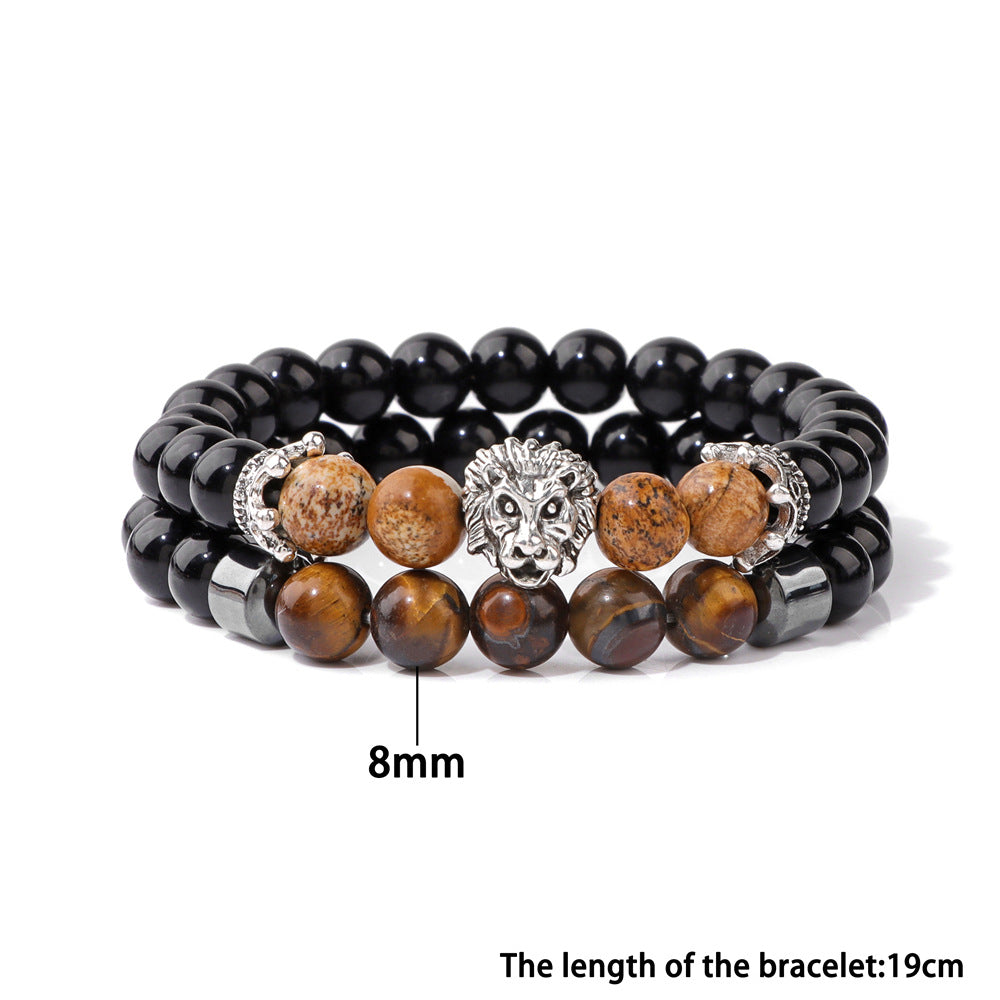 Men's Natural Stone Beads Retro Business Bright Black Lion's Bracelet