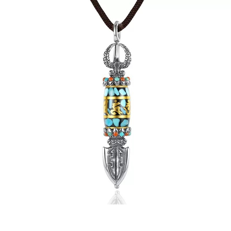 Men's Sier Vajra Pendant Turquoise Six Words Mantra Necklaces