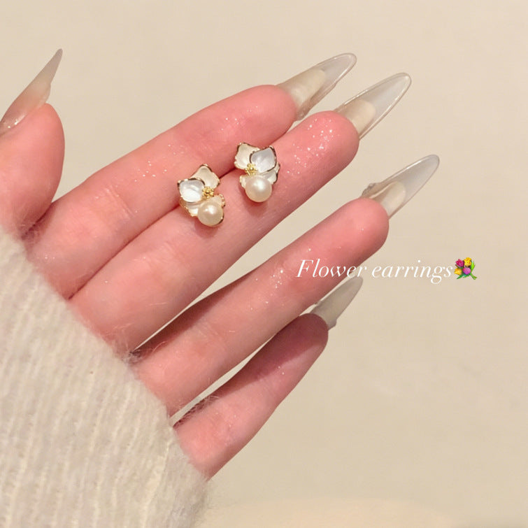French Gold Flower Pearl Tassel Light Luxury High-grade Minority Design Earrings