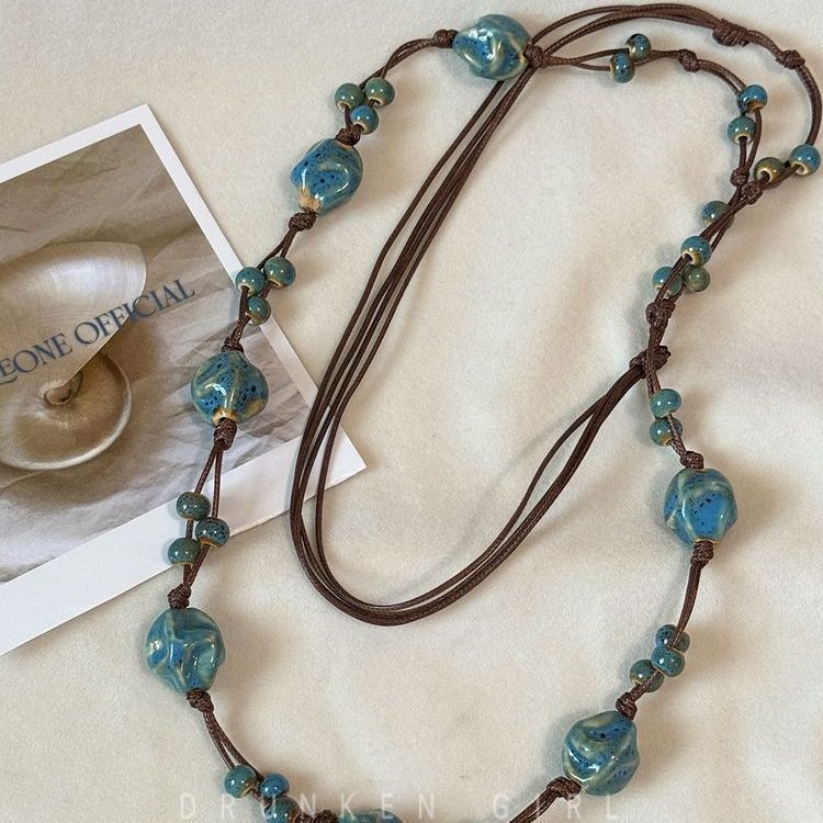 Blue Ceramic Beaded Irregular Bohemian Niche Unique Temperament Wild Sweater Necklace