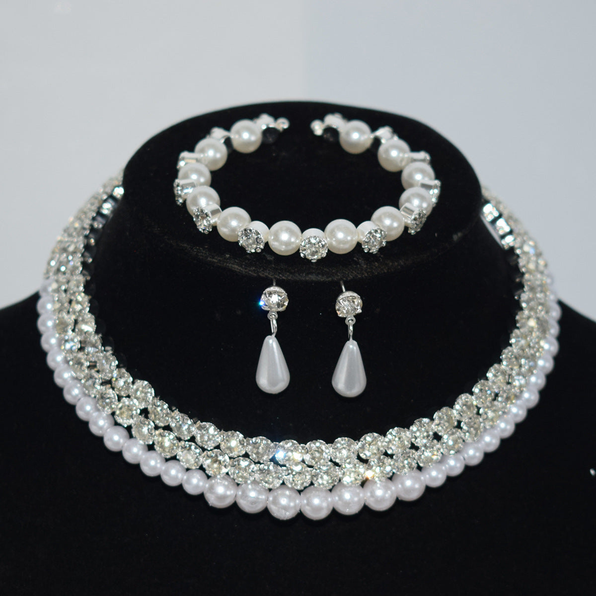 Pearl Diamond Collar Bridal Rhinestone Three-piece Jewelry Set