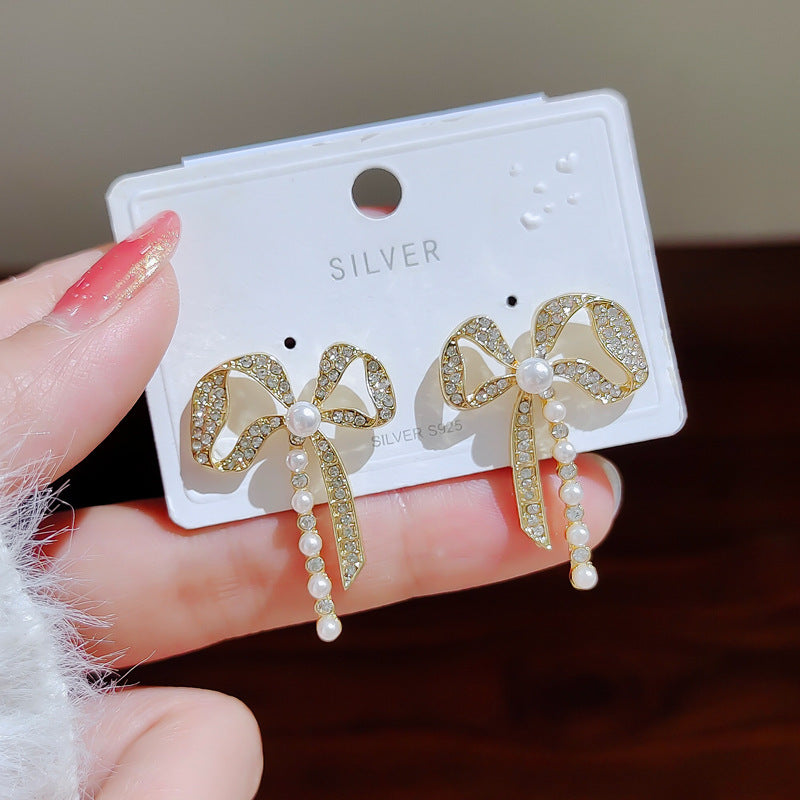 Sier Bowknot Pearl Fashion Trend Simple Stud Earrings