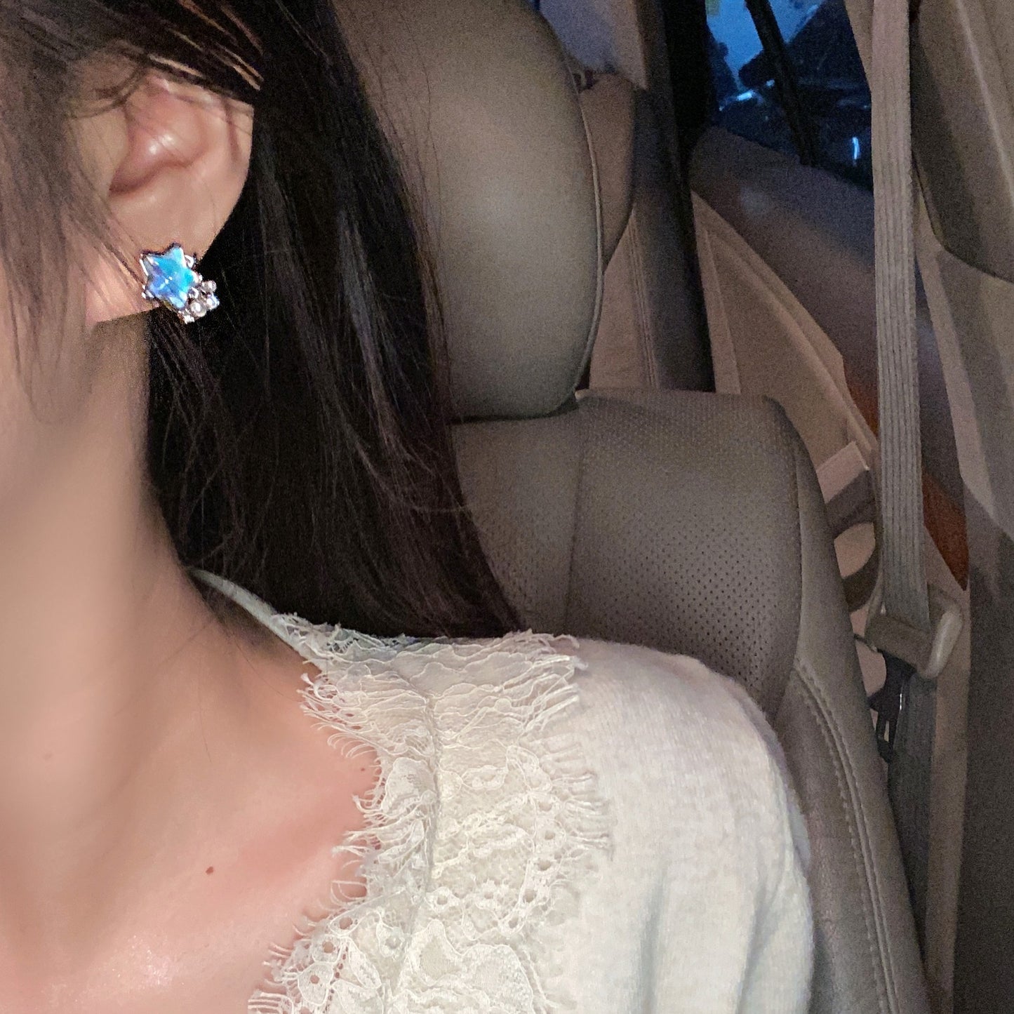 Blue Asymmetric Star Moon Pearl Female Design High-grade Ear Stud Earrings