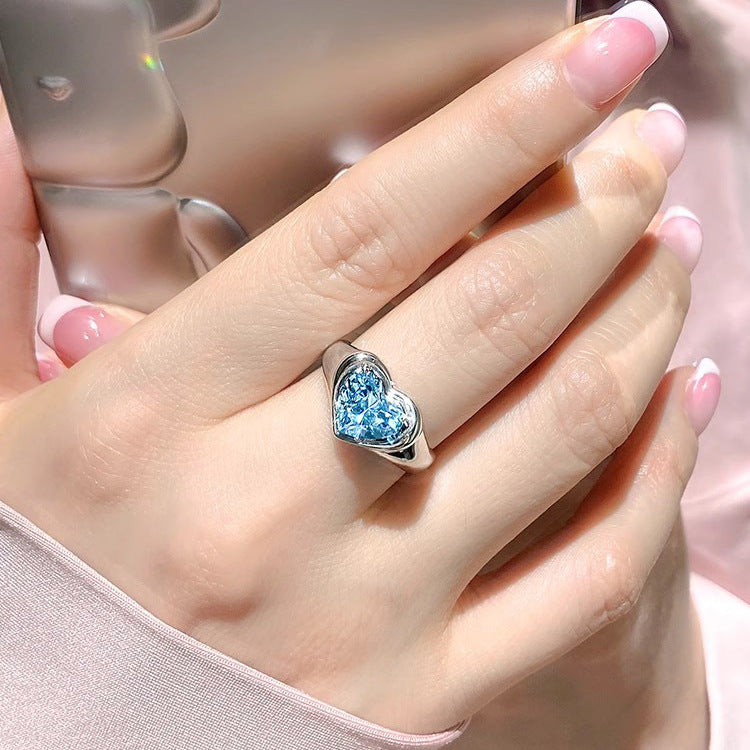 Women's Heart-shaped Colored Gems 2 Karat Blue Diamond Aquamarine Artificial Niche Jewelry Set