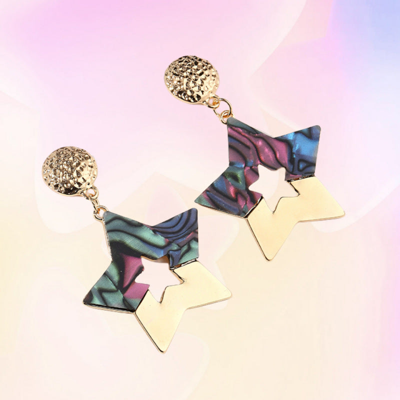 Daily Colorful Five-pointed Star Hollow Out Stitching Pendant Earrings