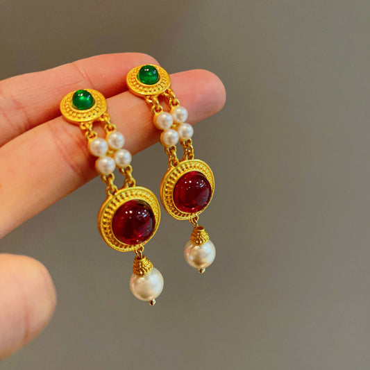 Gold Ancient Style Colored Glaze Pearl Exaggerated Temperamental Personalized Earrings