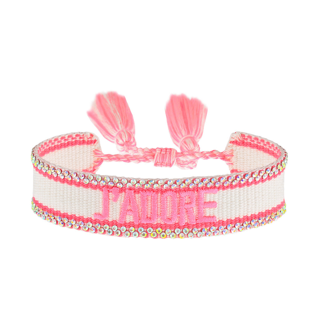 Women's Rhinestone Woven Embroidered Letter Carrying Strap Bracelets