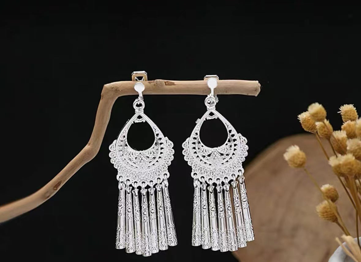 Women's Ethnic Geometric Tassel Ear Clip Miao Sier Retro Elegant Earrings