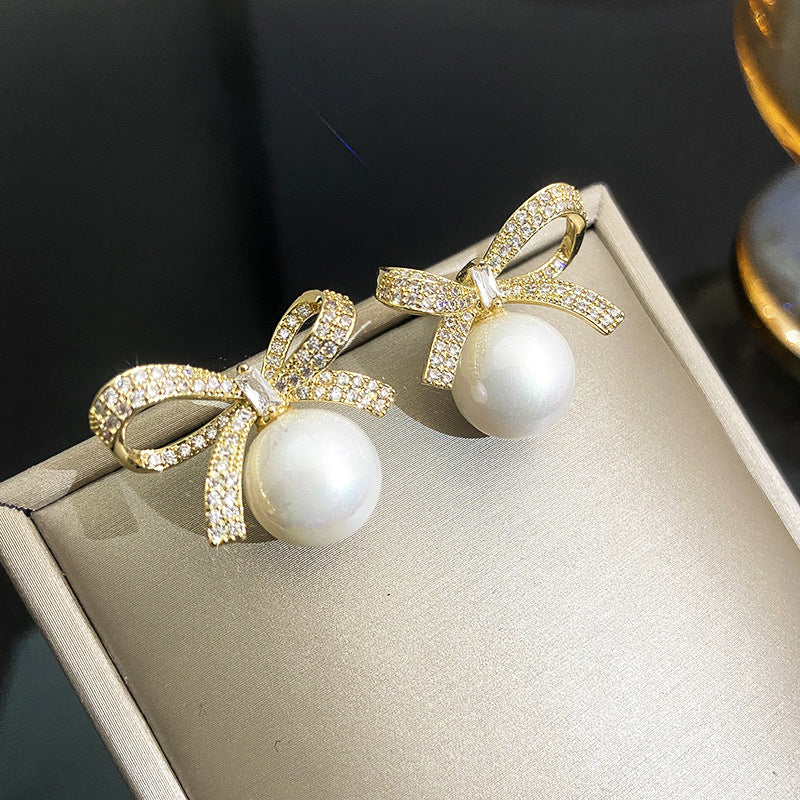 Sier Needle Graceful Bow Pearl Female Earrings