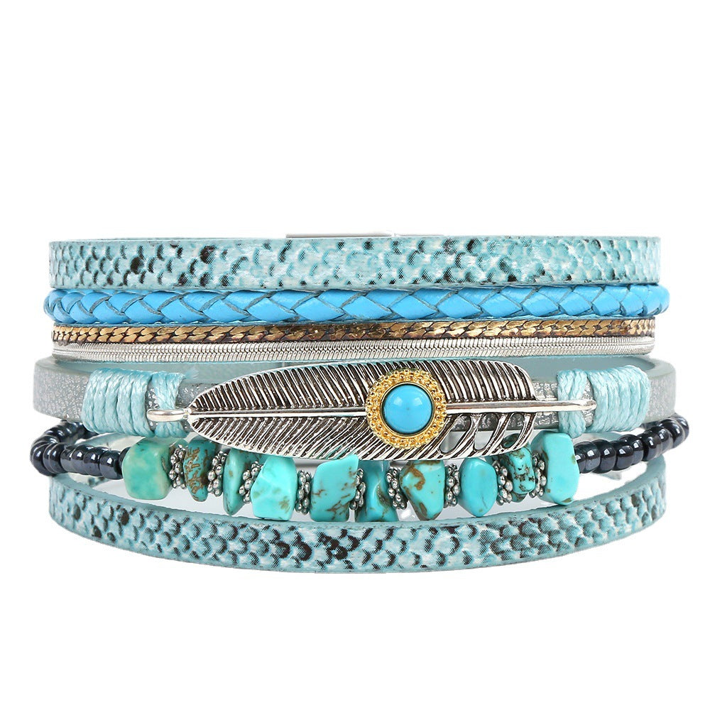 Gravel Feather Leather Creative Vintage Bohemian Turquoise Bracelets