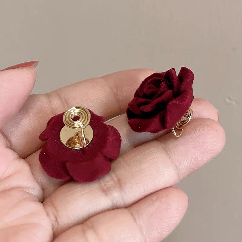 Flocking Vintage Rose High-grade Wine Red Flower Temperament Earrings