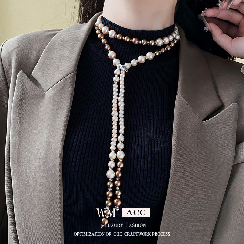 Rhinestone Pearl Long Sweater Chain Retro High Sense Temperamental Necklaces