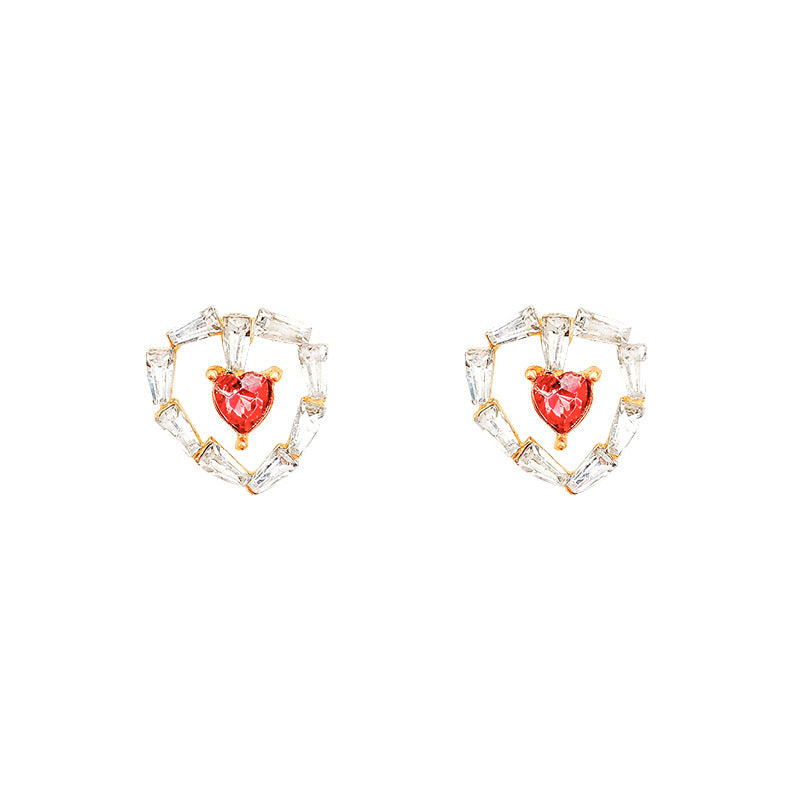 Sier Needle Red Rhinestone Love Heart Earrings