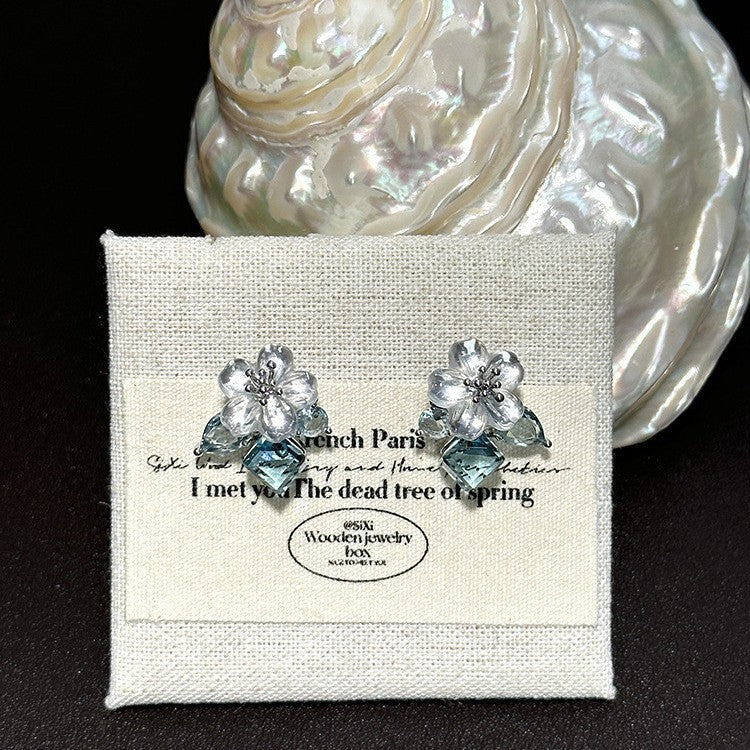 Women's Blue Flower Cube Sugar Rhinestone High-grade Crystal Clear Unique Light Earrings