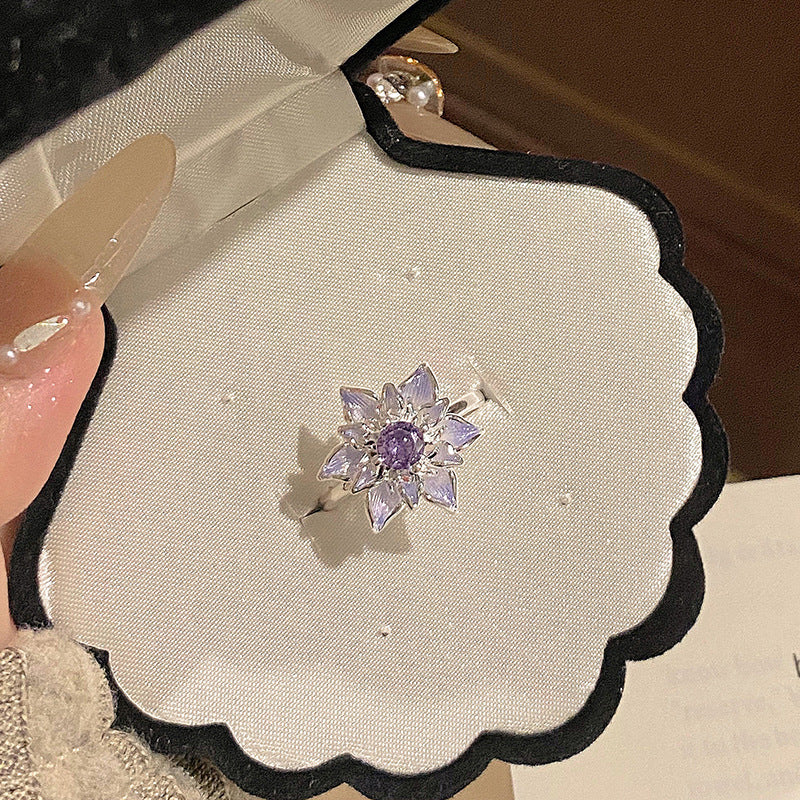 Crystal Purple Diamond Simple Quiet Double Flower Niche Intellectual Gentle Rings