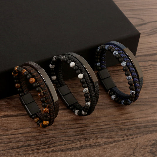 Men's Fashion Leather Hand-woven Alloy Magnetic Buckle Bracelets