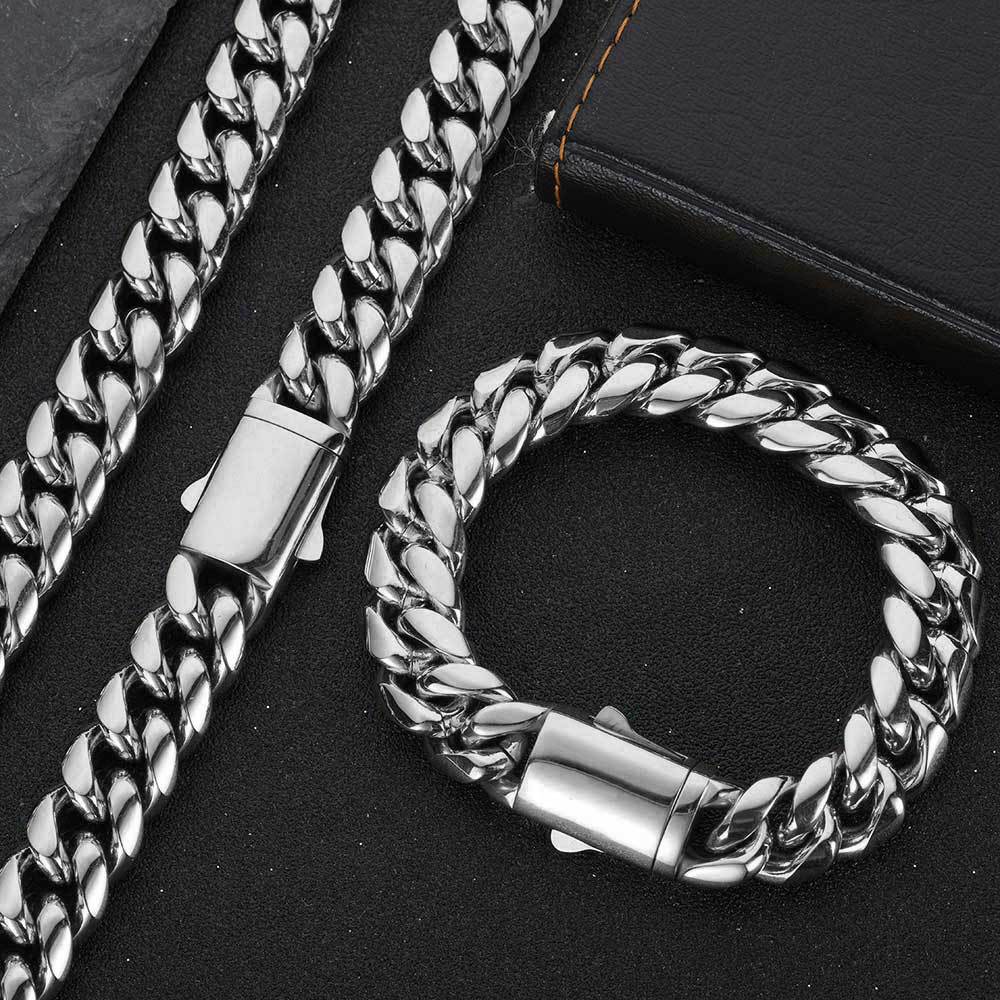 Men's Fastener Stainless Steel Cuban Link Chain Fashion Hip Jewelry Set
