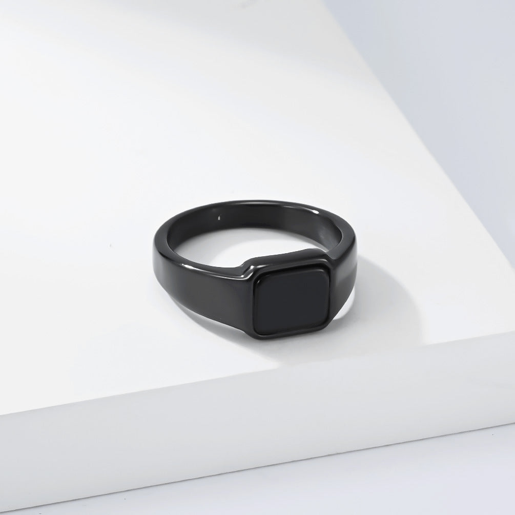 Women's & Men's Style Geometric Design Titanium Steel Black Onyx Niche Ring