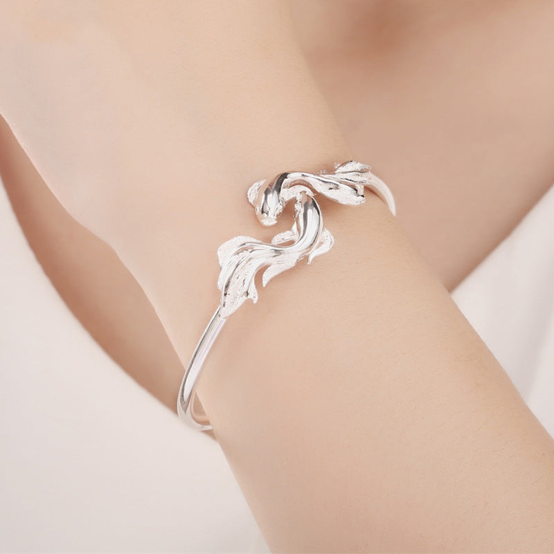 White Copper Sier Plated Opening Light Trendy Unique Pisces Koi Bracelet