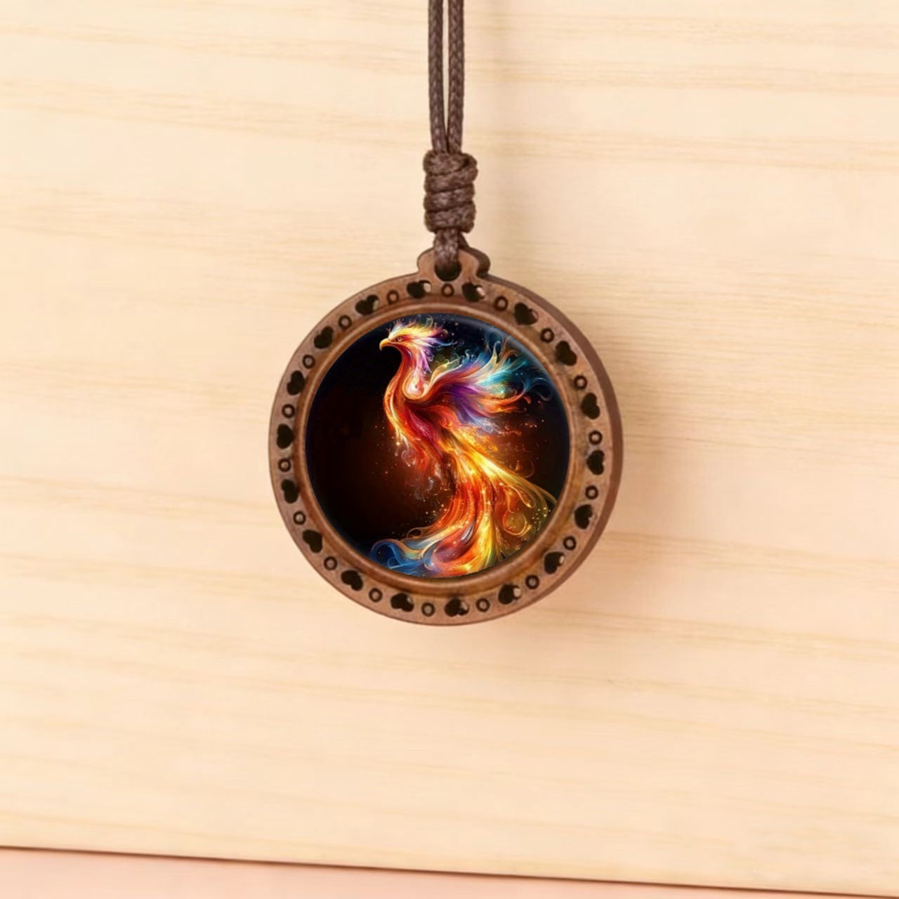 Phoenix Pattern Glass Wooden Unisex Adjustable Necklace