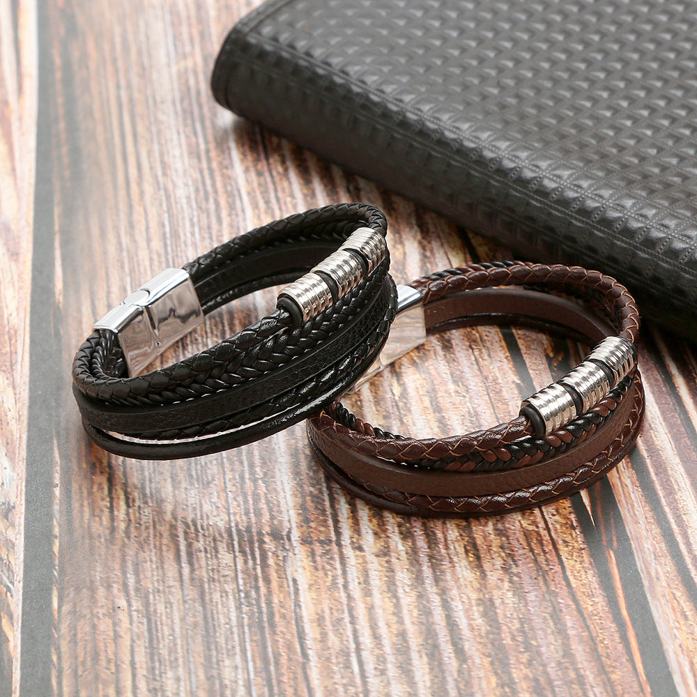 Men's Stainless Steel Woven Leather Magnetic Buckle Bracelets