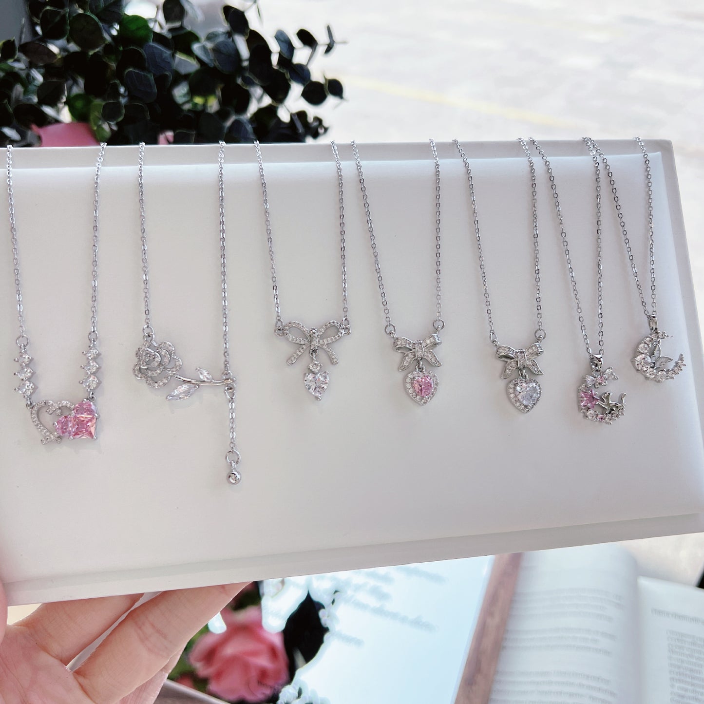 Luxury Sweet Super Pink Flowers Water Drop Female Fully Jeweled Necklace