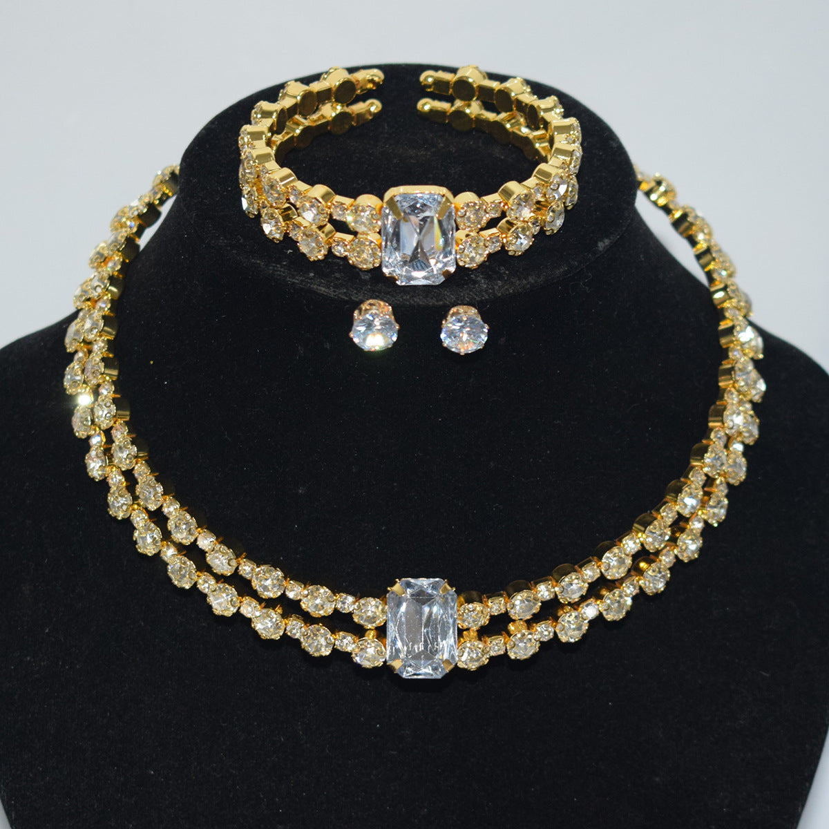 Bridal Double Row Gold Sier Collar Three-piece Diamond Claw Jewelry Set