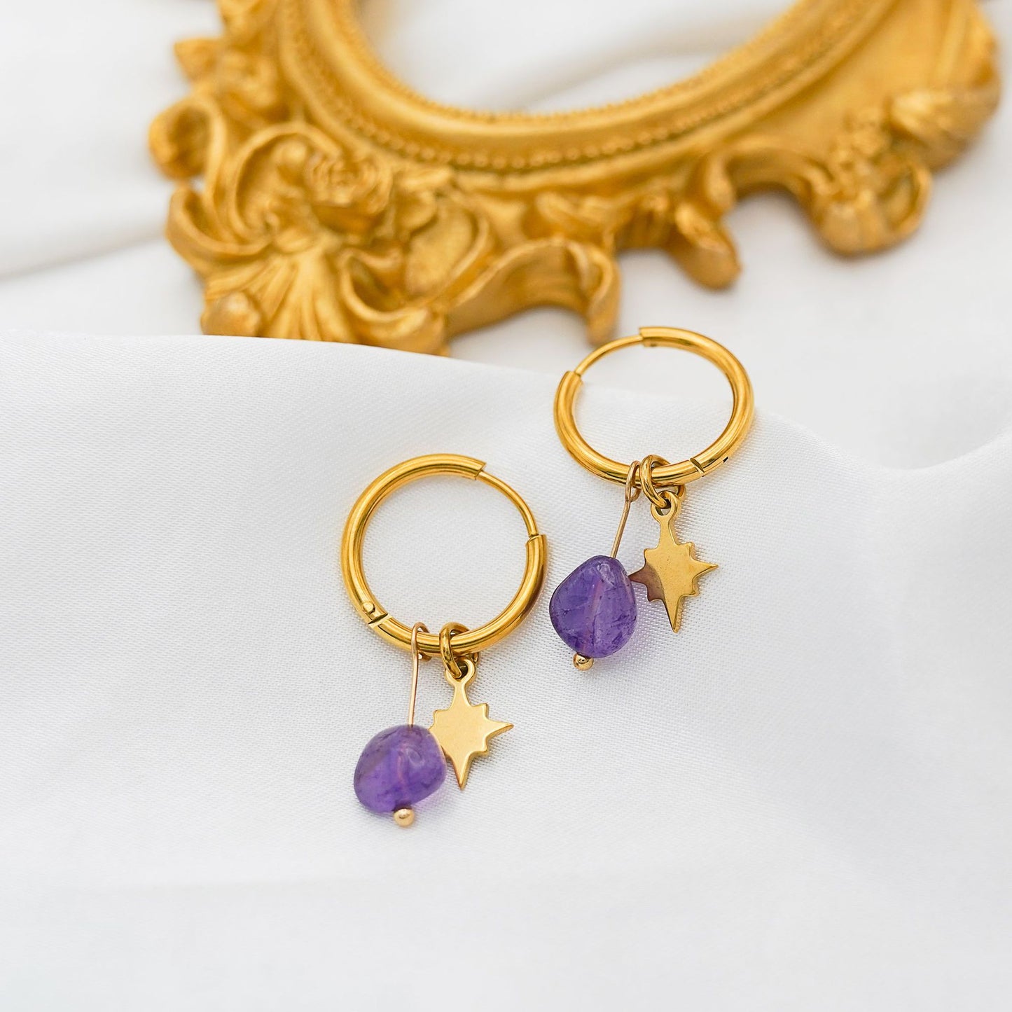 Stone Eight Awn Star Titanium Steel Gold Plated Ear Earrings