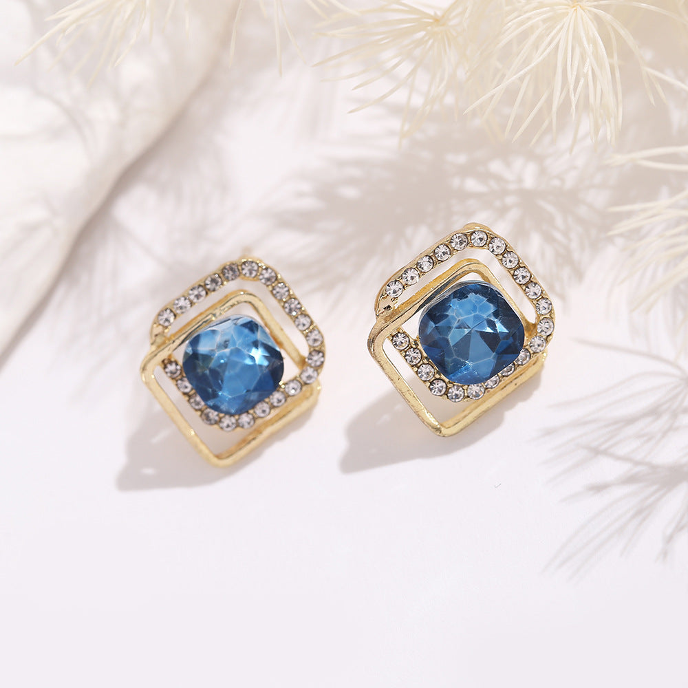 Women's Sier Needle Refined Zircon Blue Diamond Graceful Fashionable Stud Earrings