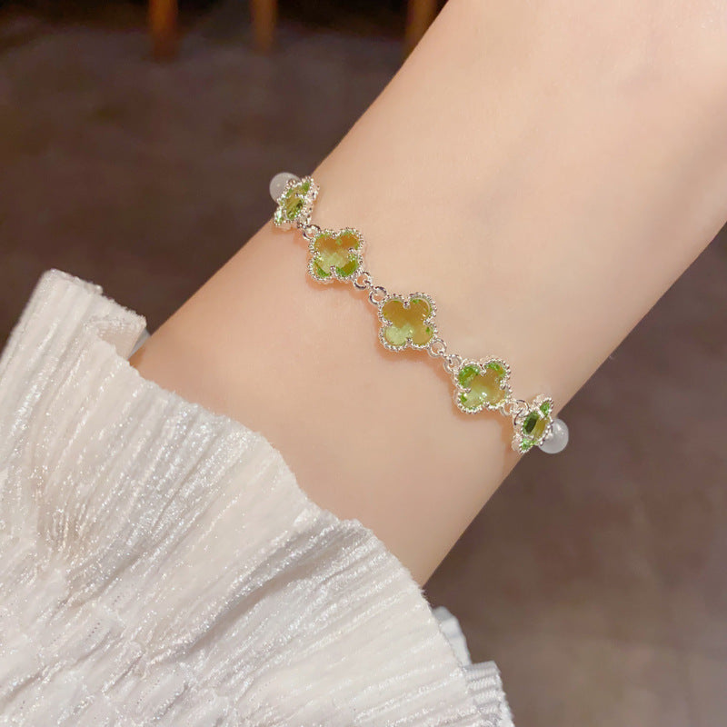 Sier Four-leaf Flower Glass Zircon Opal Temperament Entry Lux Simple Bracelets