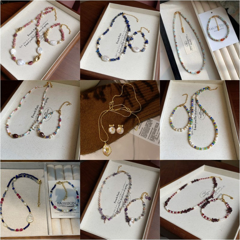 Personality Baroque Irregular Rose Stone Freshwater Pearl Female Temperament Drawable Jewelry Set
