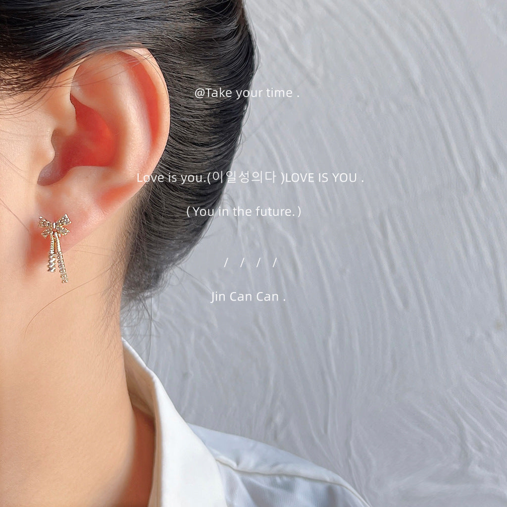 Zircon Sier Needle Plated Bow Simple And Elegant Earrings