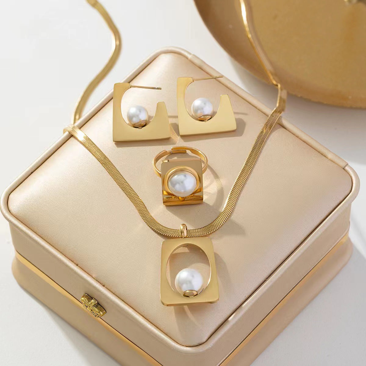 Geometric Square Pearl Titanium Steel No Jewelry Set