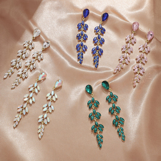Elegant Wheat Fashion Long Gold-plated Inlaid Crystal Willow Leaf Shape Rings