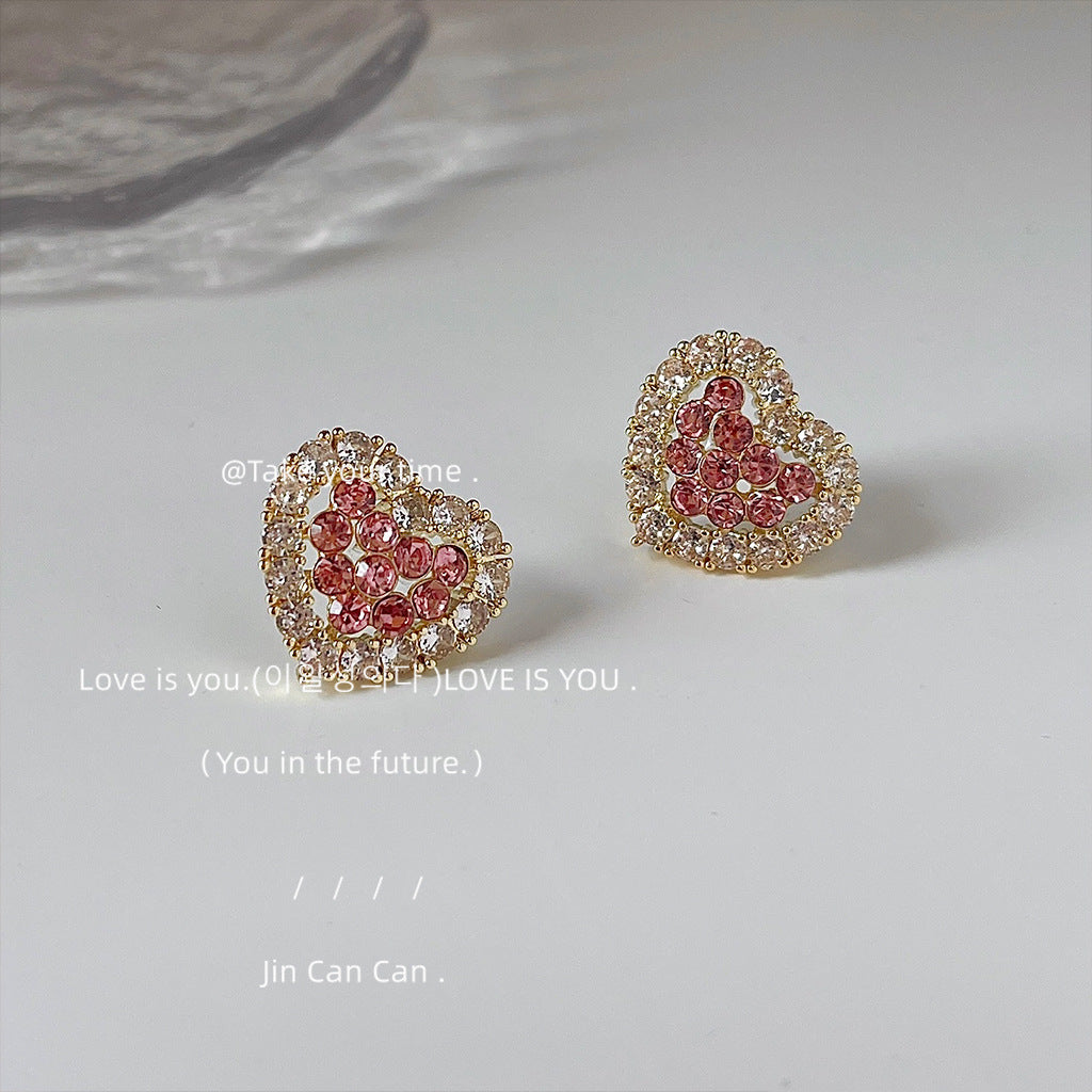 Micro Inlaid Zircon Pink Heart-shaped Sier Earrings