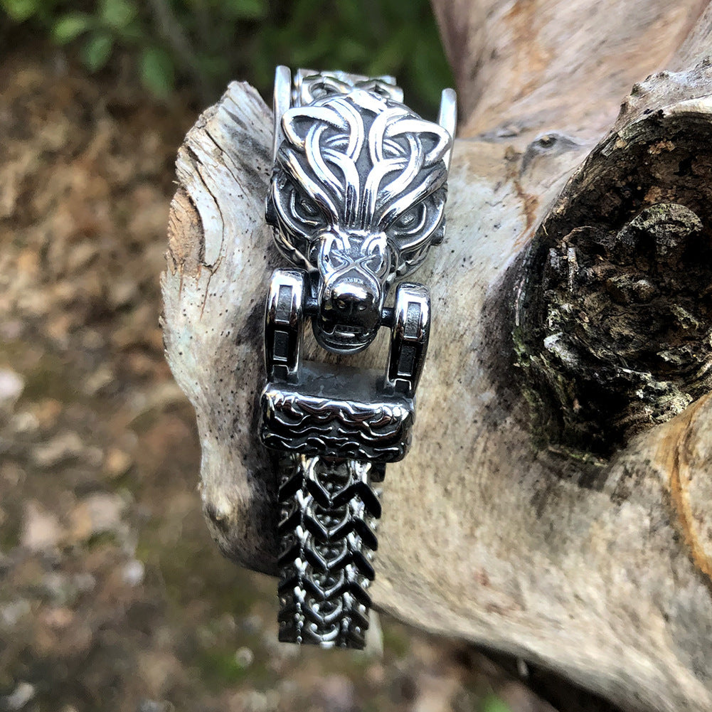 Men's Steel Viking Retro Thick Straps Stainless Wolf Bracelets