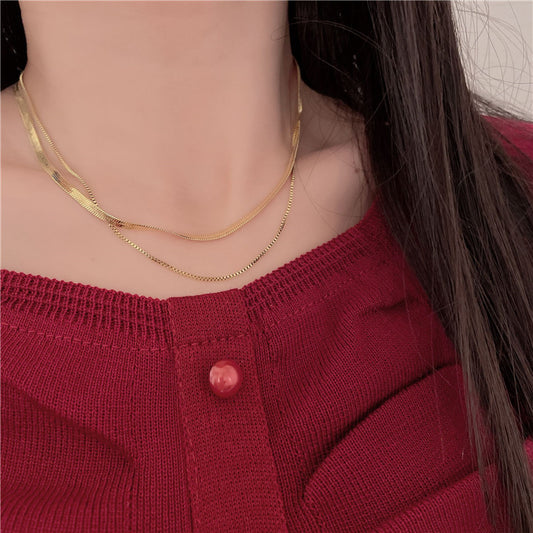 Steel Simple Double Layer Twin Clavicle Chain Necklaces