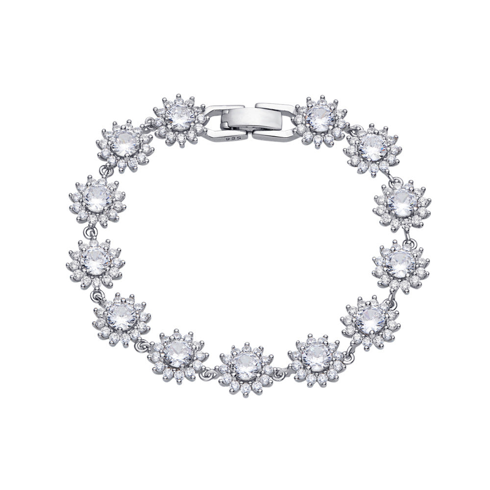 Women's Full Diamond Sunflower Sterling Sier Chain Bracelets