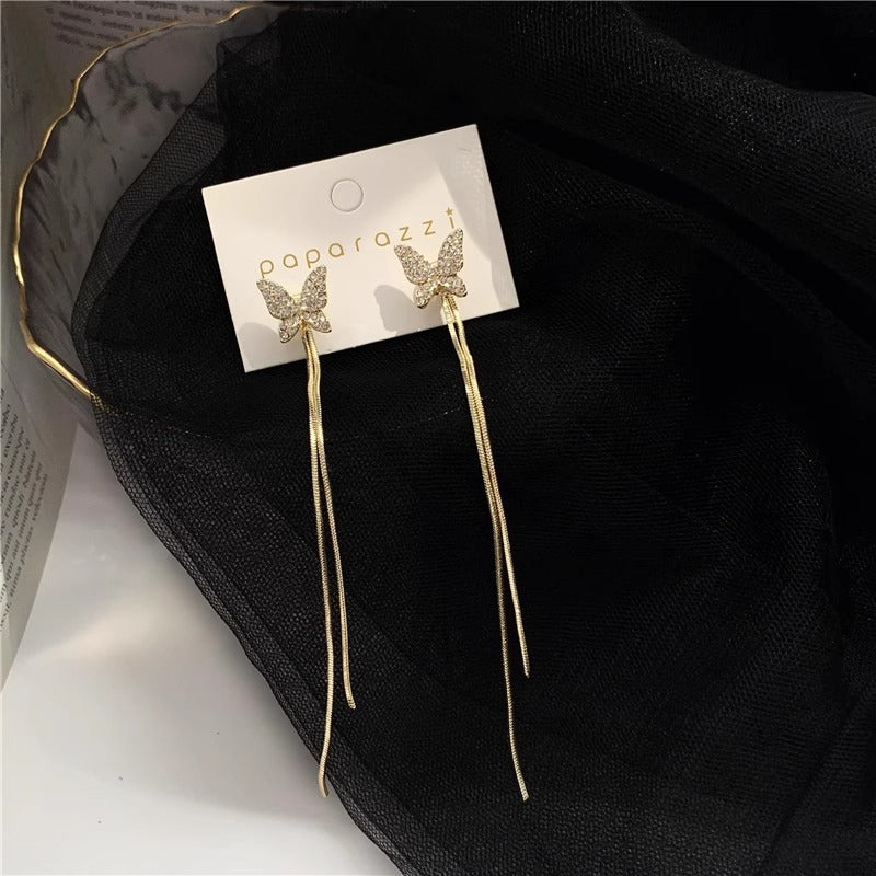 Sier Style Diamond Butterfly Long Fringe Earrings