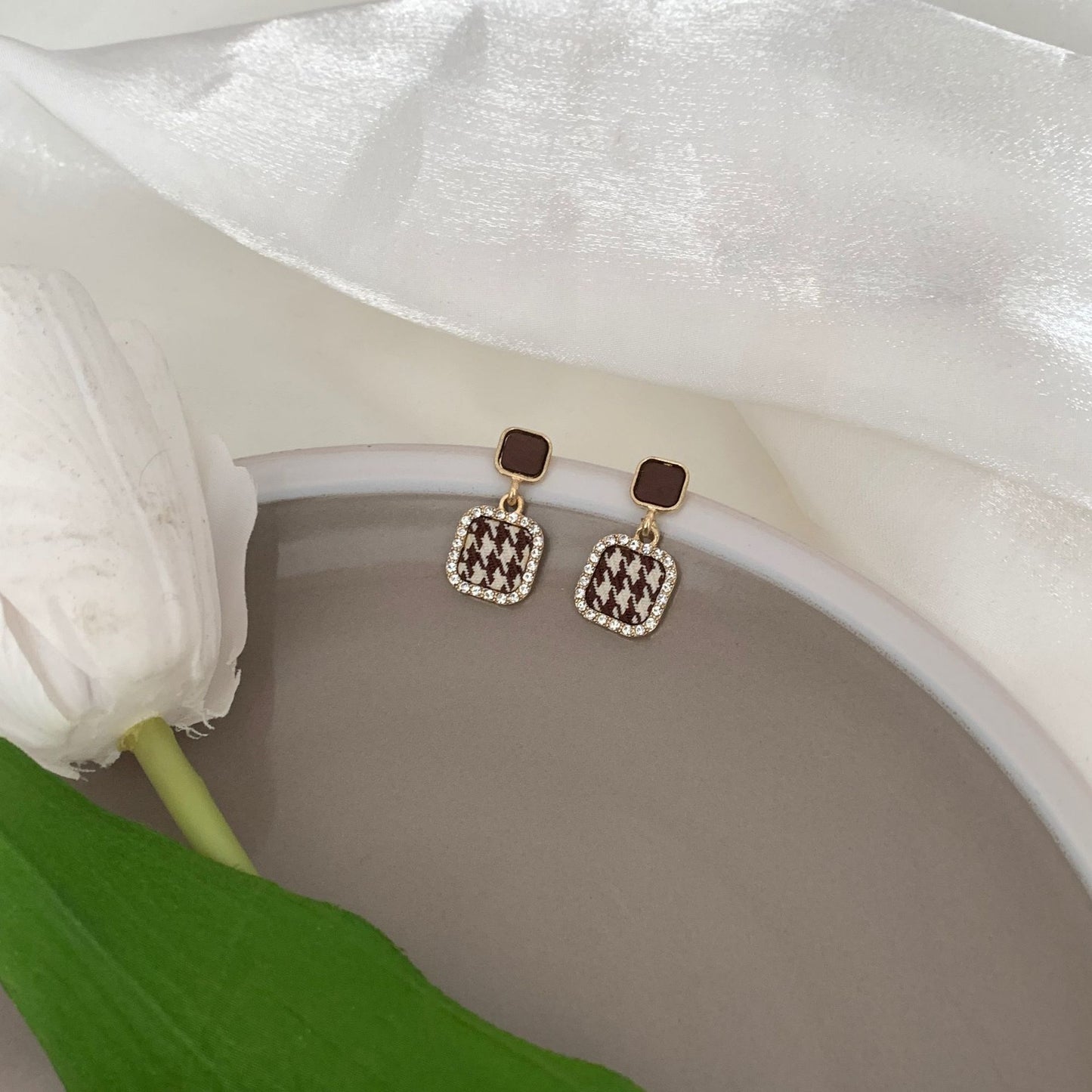 Needle Coffee Color Series Square Leather Earrings