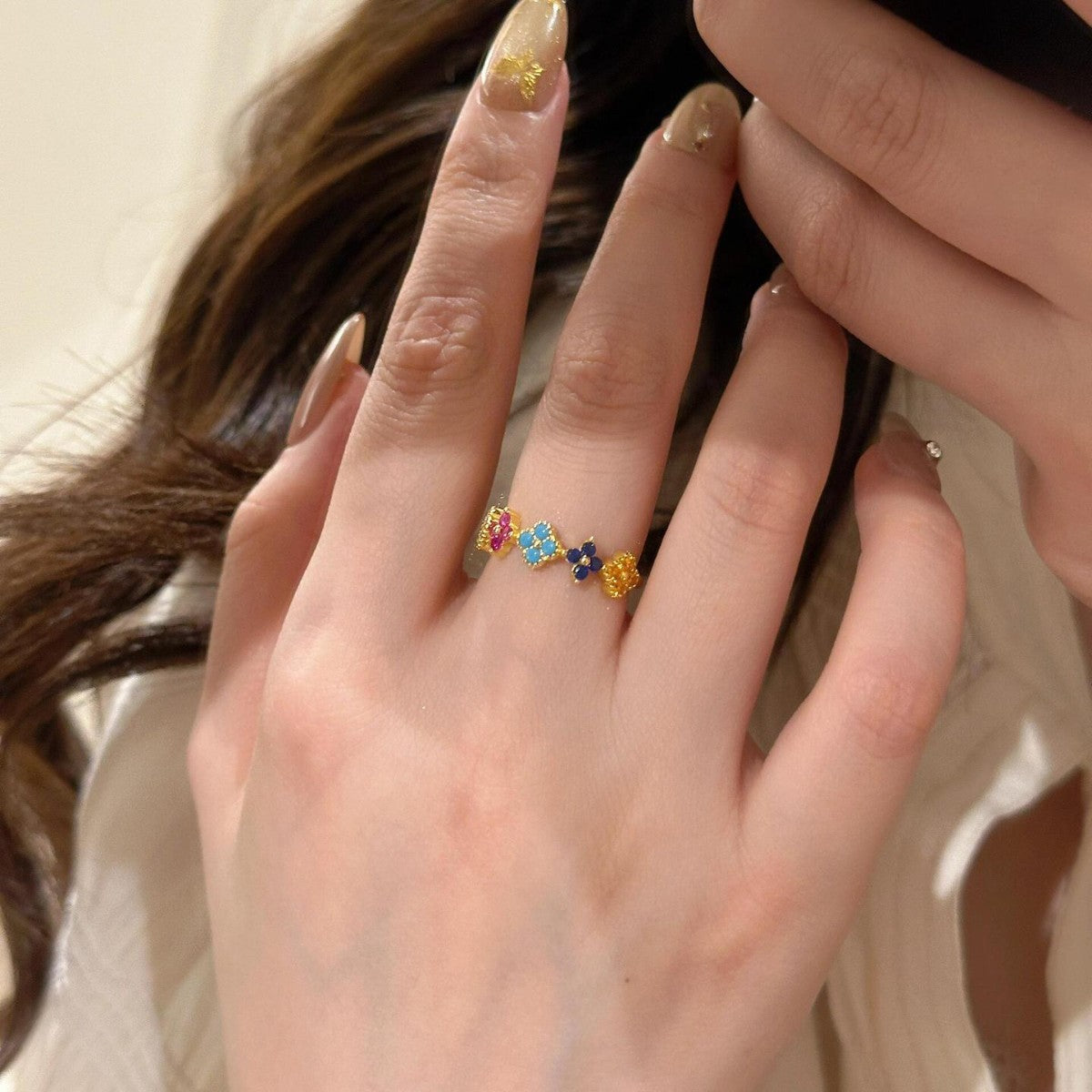 Dopamine Color Four-leaf Clover Female Exquisite Versatile Unique Design Ring