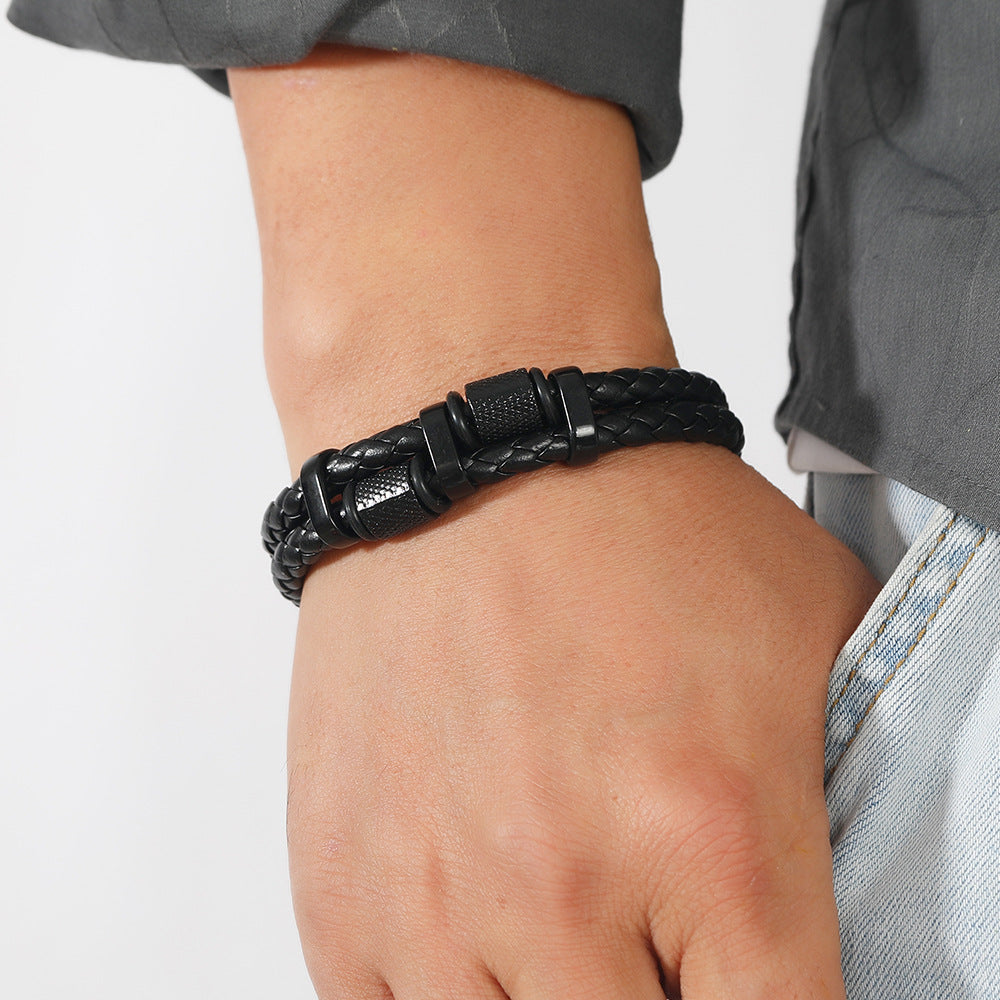 Men's Fashion Alloy Magnetic Snap Hand-woven Leather Bracelets