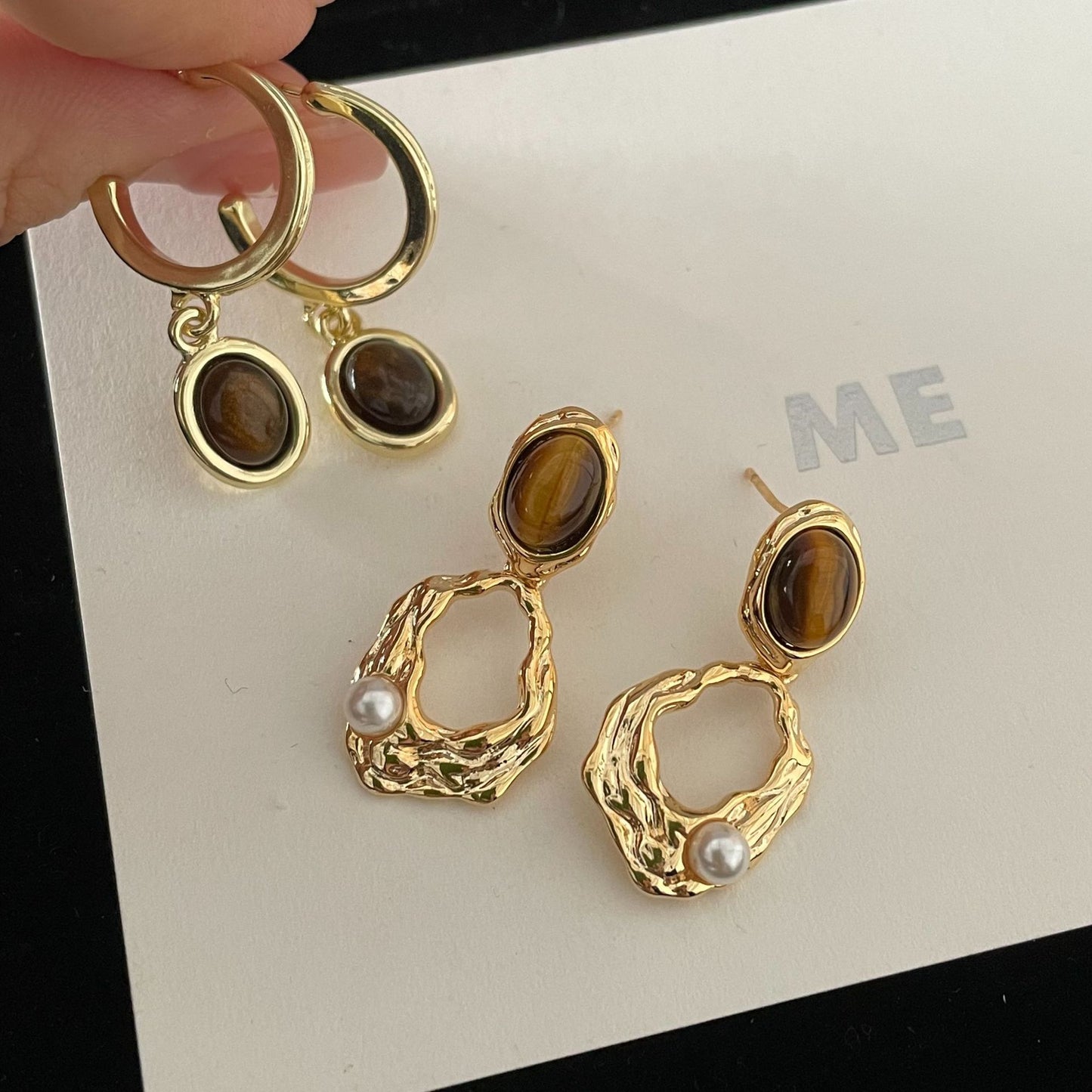 Tigereye Oval Pendant Minority Simple High-grade Earrings